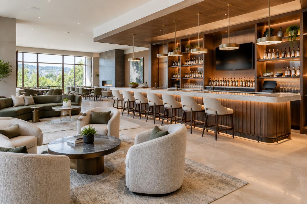 Illustrative hotel lobby bar with stone counters and cabinetry