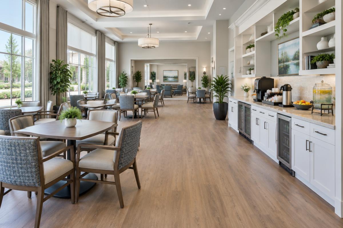 Illustrative senior living lounge with a built-in refreshment counter